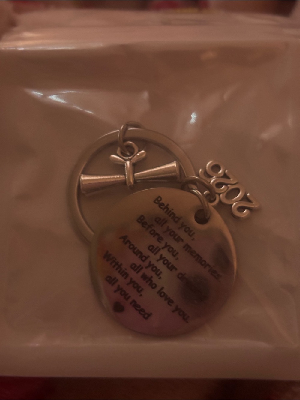 Inspirational Silver Tone Keychain with Heart Pendant and 2026 Charm